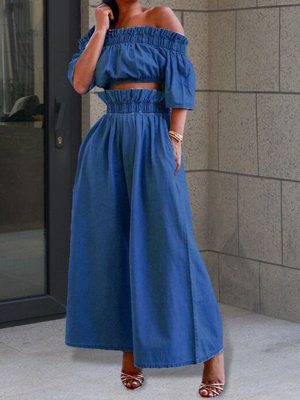 Set aus schulterfreiem Denim-Crop-Top und Hose