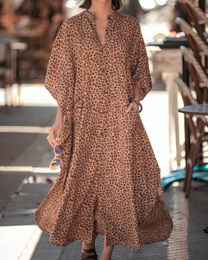Leopard Print Batwing Sleeve Beach Coverup Dress