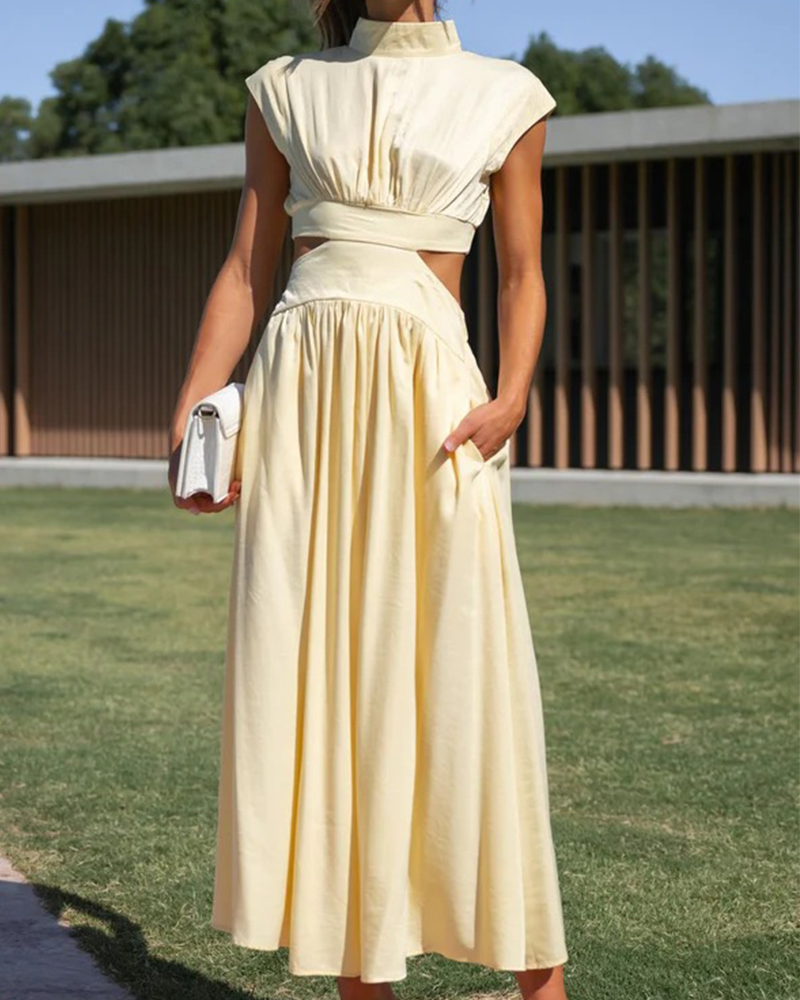 Elegant High Neck Dress Pale Yellow