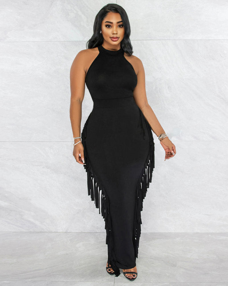 Fonda Fringe SKIRT SET Black