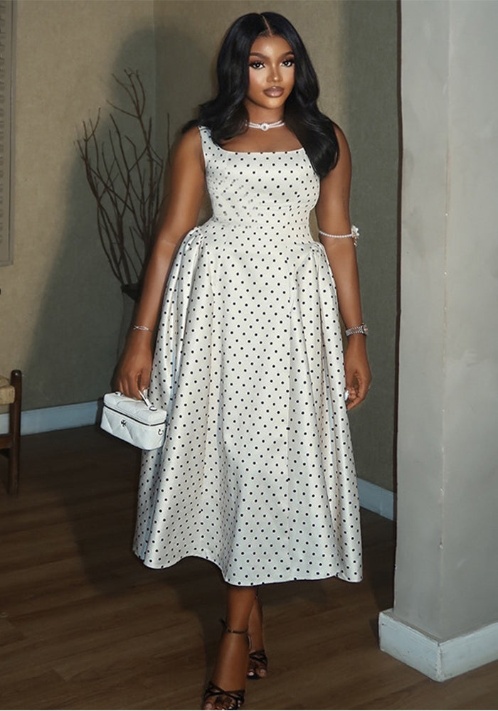 Polka Dot Round Neck Sleeveless A-Line Strap Dress for Casual Wear