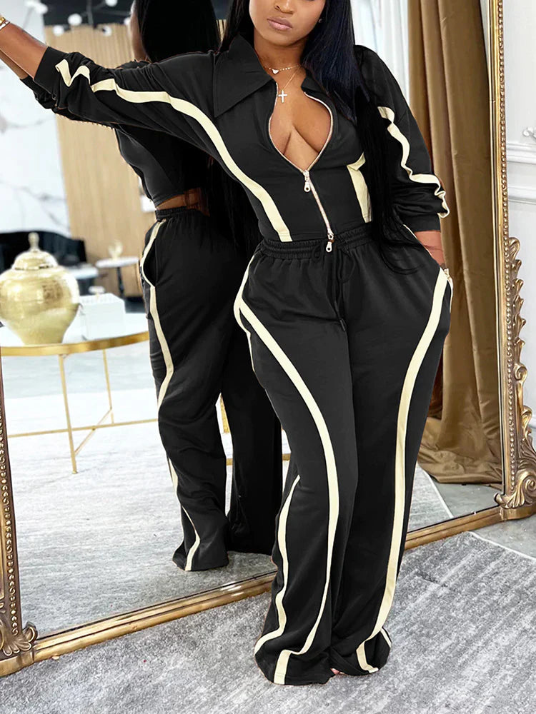 Contrast Zip-Front Jacket & Wide Pants Set