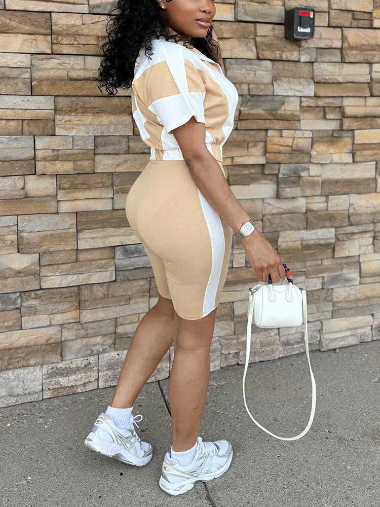 Sporty Contrast Jacket & Biker Shorts Set