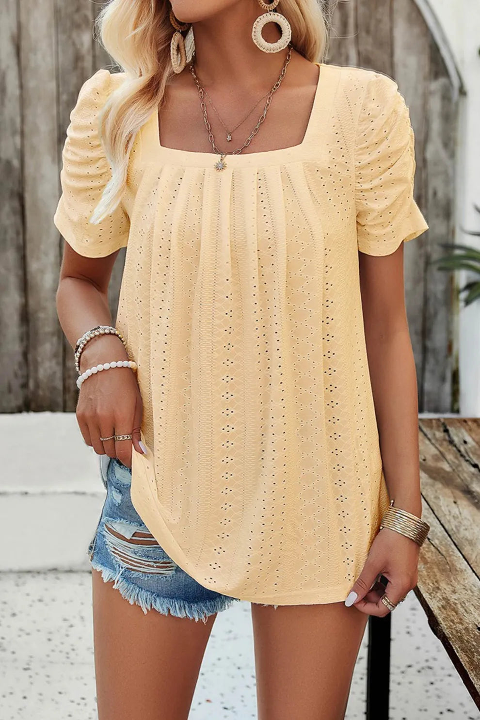 Square Neck Puff Sleeve Hollow Out Blouse