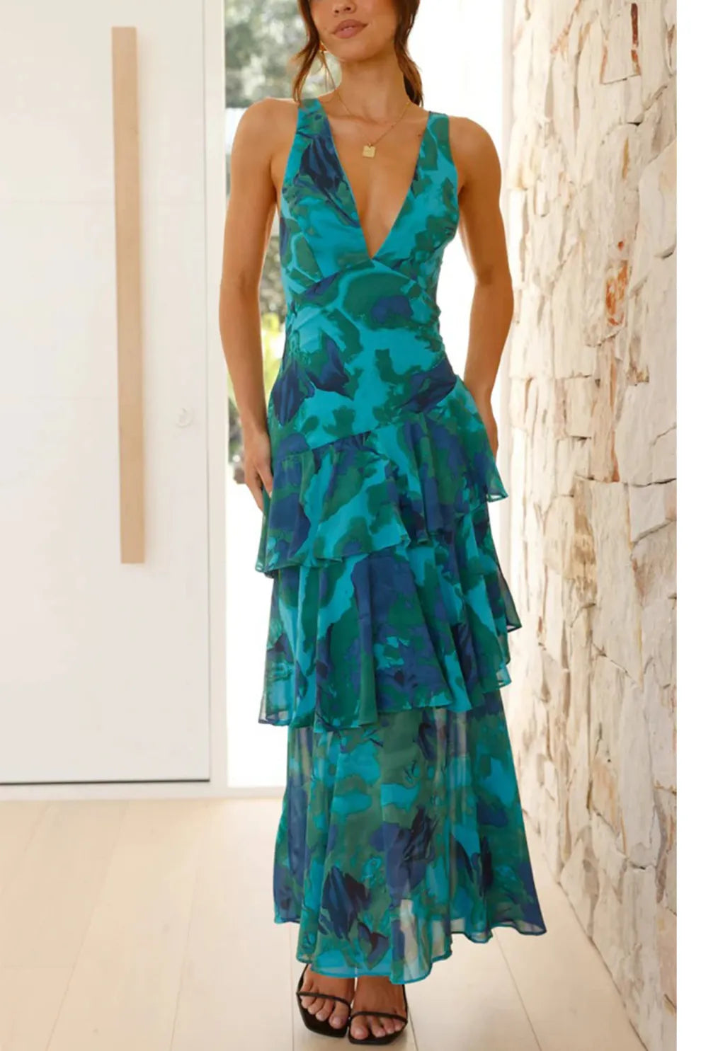 Floral Print Tie up Back Chiffon Tiered Dress