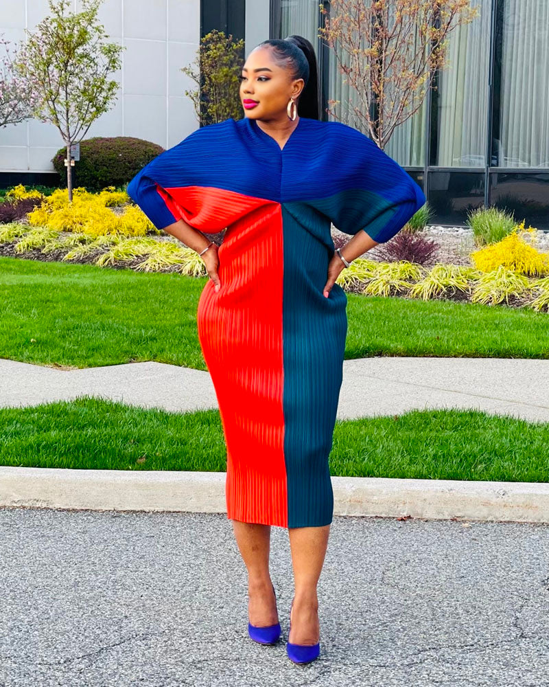 SADE Accordion MIDI DRESS Sade Blue Red FreeSize
