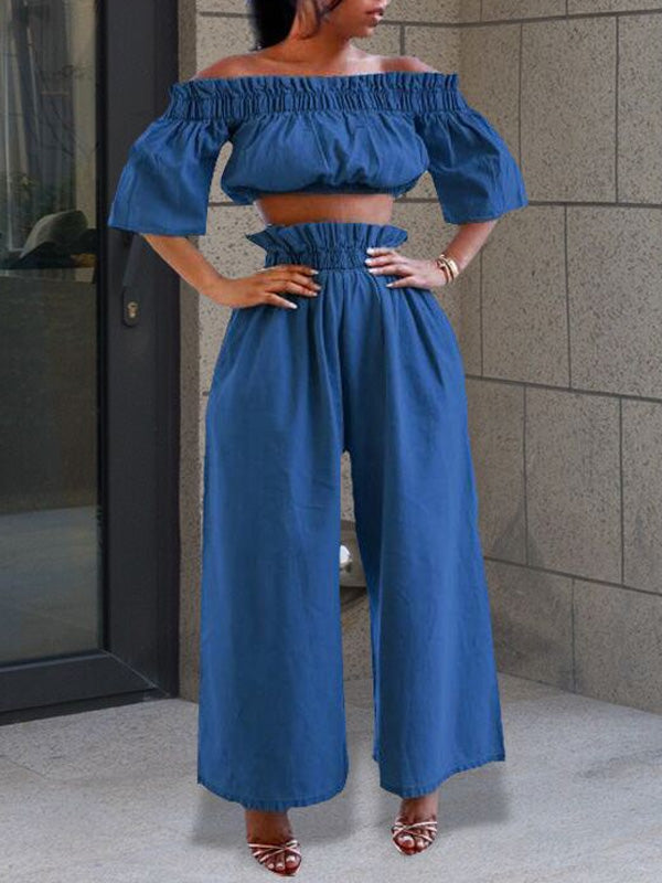 Set aus schulterfreiem Denim-Crop-Top und Hose