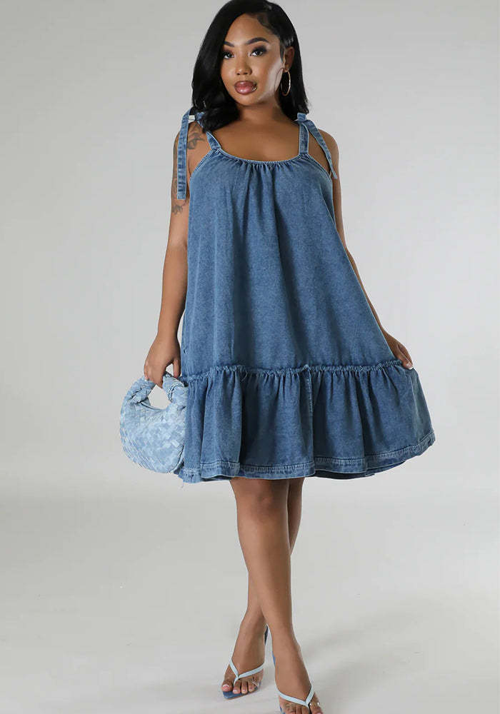 Patchwork Spaghetti Strap Lace-Up Denim Dress for Summer Casual
