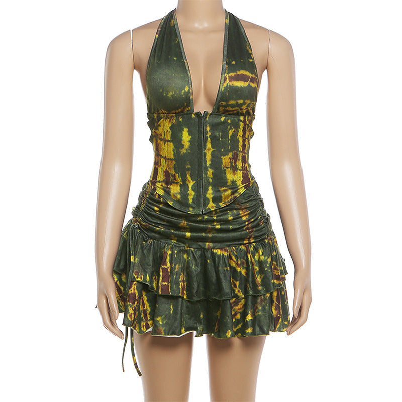 Fitted Low Back Halter Cutout Tank Top & Colorblock Mini Skirt Set for Spring
