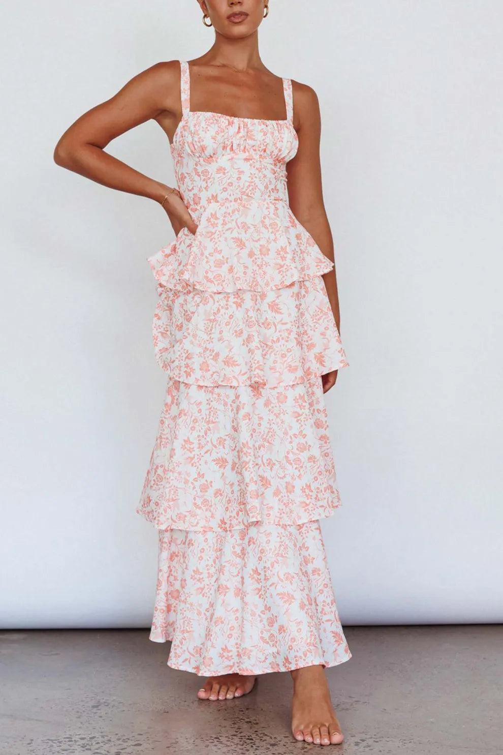 Floral Print Tie up Tiered Midi Dress