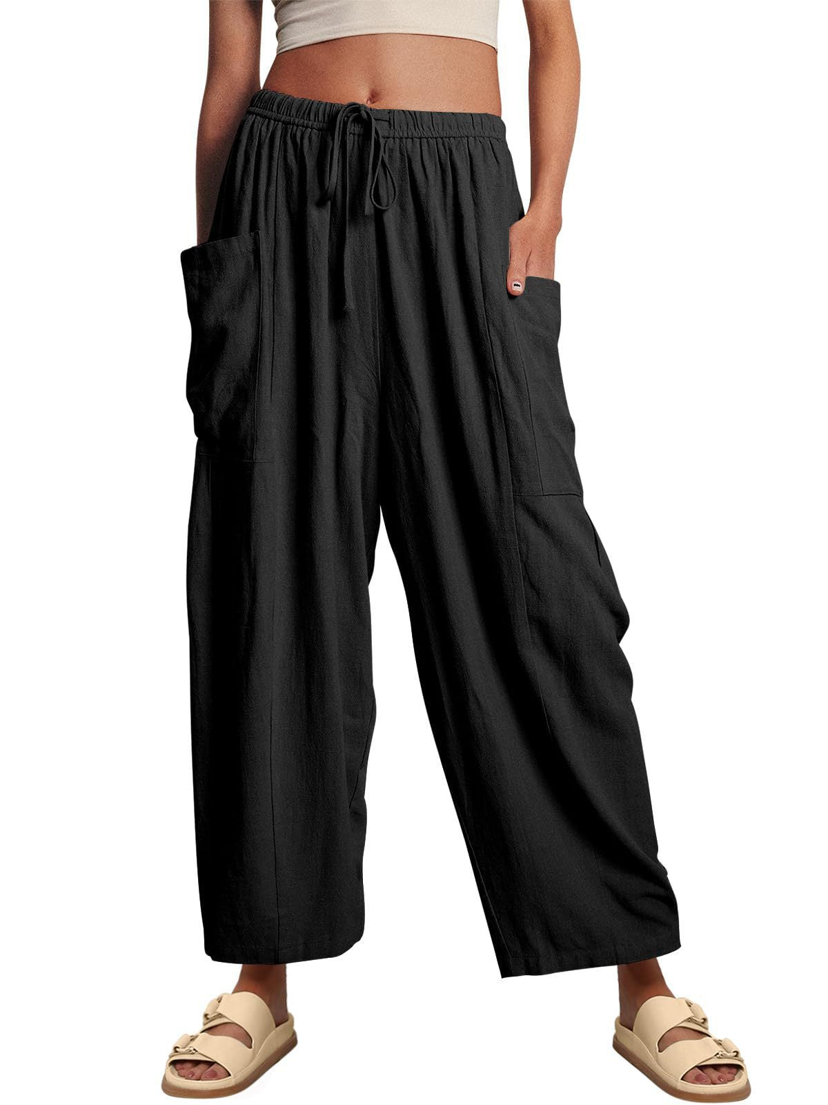 Casual High Waist Cotton Linen Wide Leg Pants