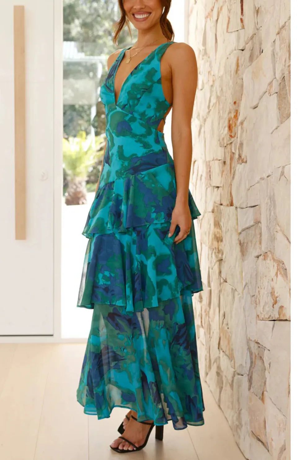 Floral Print Tie up Back Chiffon Tiered Dress