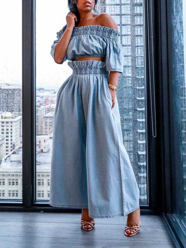 Set aus schulterfreiem Denim-Crop-Top und Hose