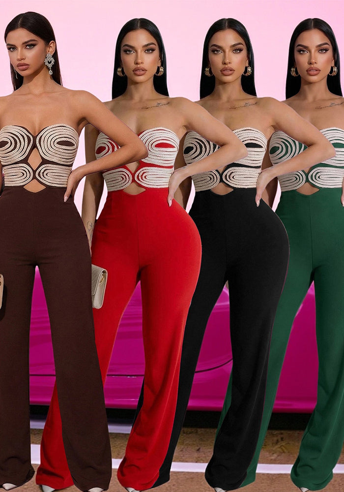 Color Block Webbing Strapless Jumpsuit for Club Wear