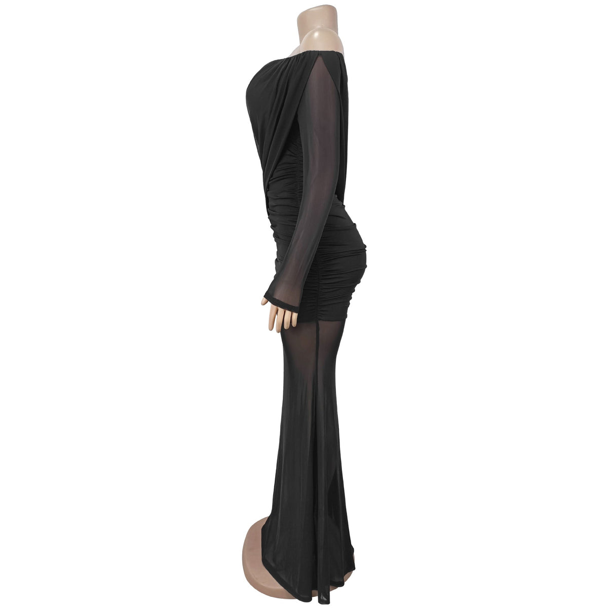 Mesh Off-Shoulder Ruched Long Sleeve Bodycon Dress for Formal Parties