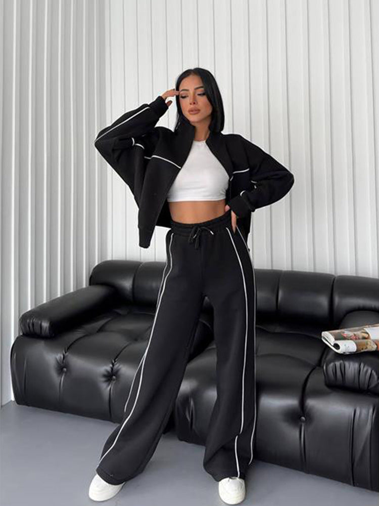 Fashion Turtleneck Cardigan Striped Sweatshirt Set