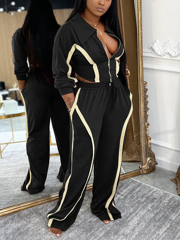 Contrast Zip-Front Jacket & Wide Pants Set