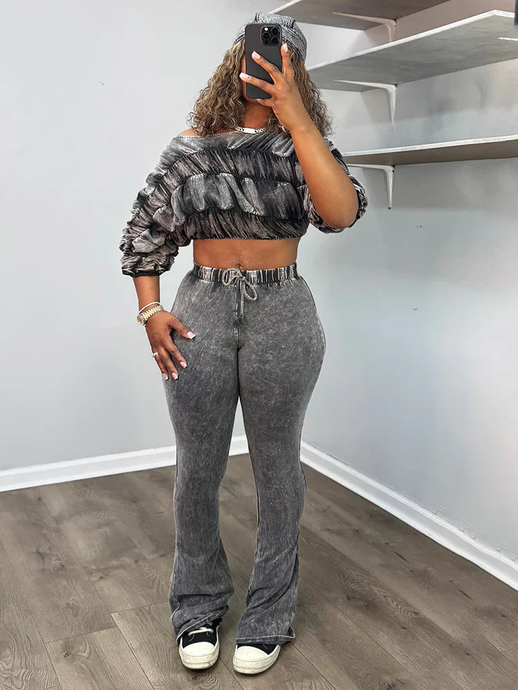 Washed Ruched Top & Flared Pants Set
