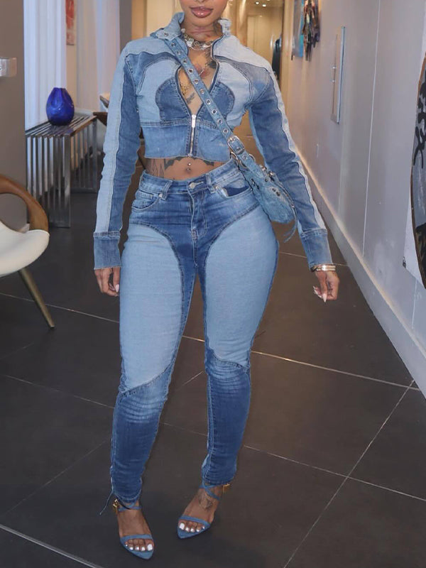 Contrast Denim Jacket & Pants Set