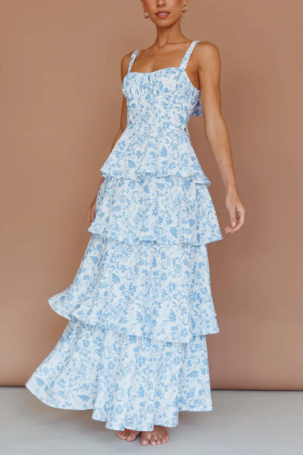 Floral Print Tie up Tiered Midi Dress