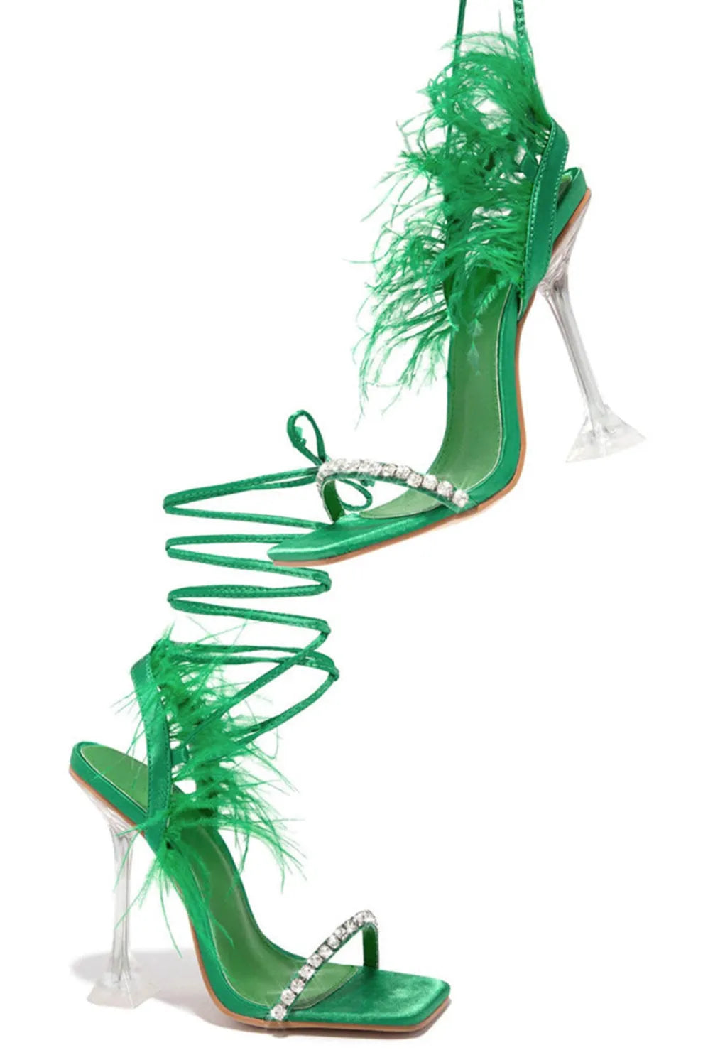 Rhinestone Feather Tie-up Square Toe Sandals