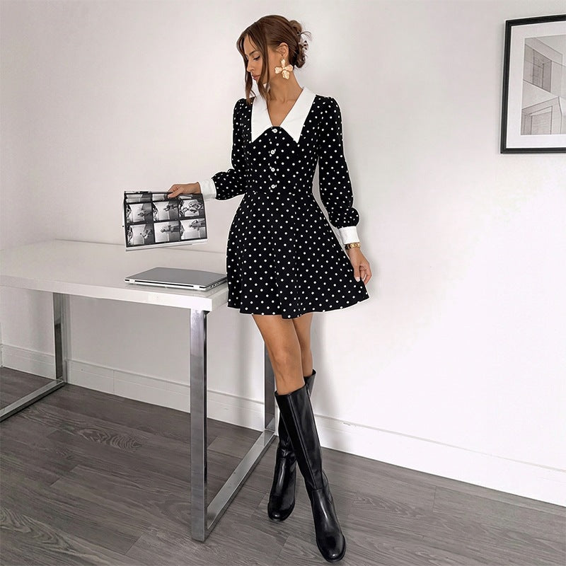 Polka Dot Turndown Collar Dress for Autumn Formal Events