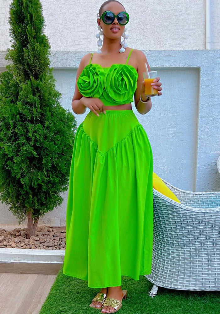African Green Strapless Floral Crop Top & Skirt Set for Summer Events