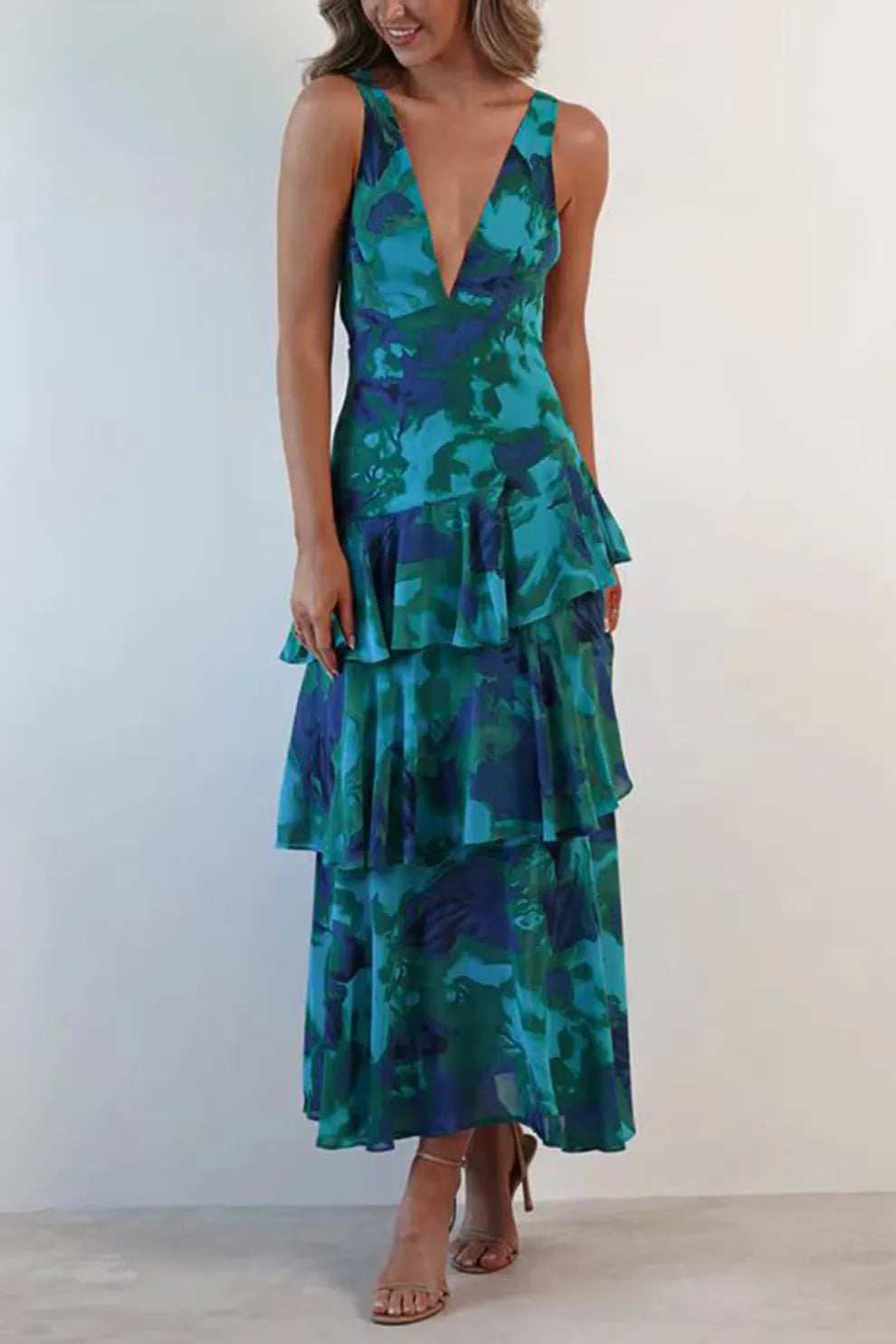 Floral Print Tie up Back Chiffon Tiered Dress