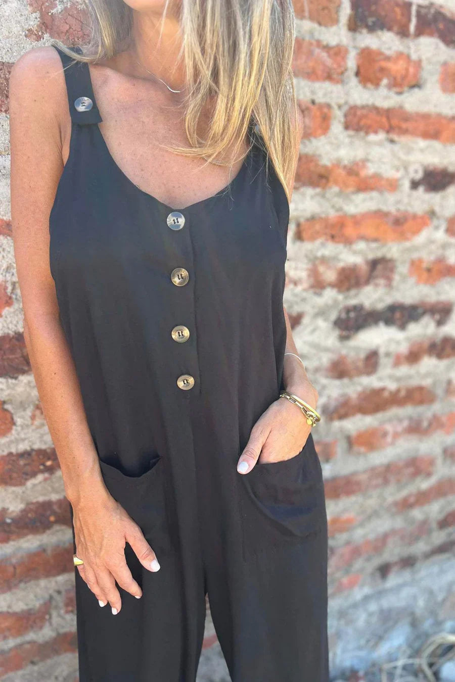 Button Closure Backless Loose Jumpsuit