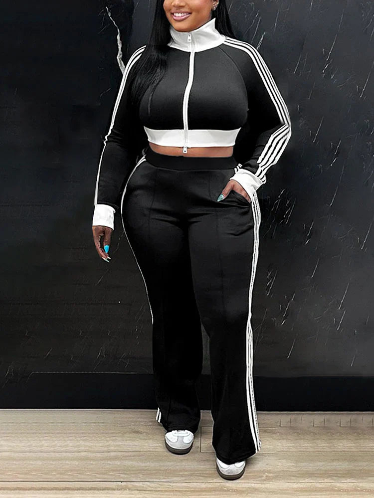 Striped Trim Zip Cropped Jacket & Pants Set