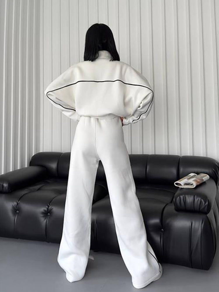 Fashion Turtleneck Cardigan Striped Sweatshirt Set