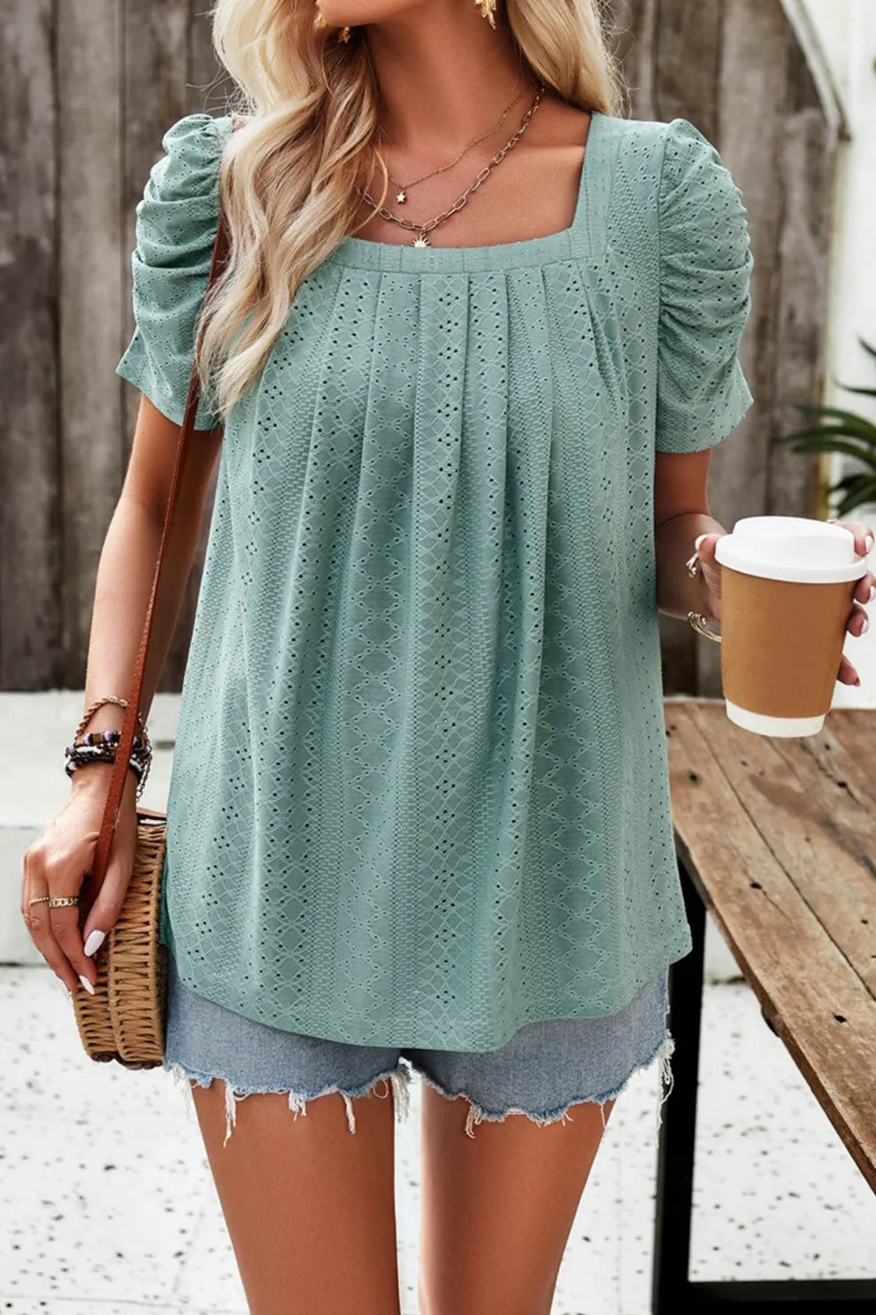 Square Neck Puff Sleeve Hollow Out Blouse