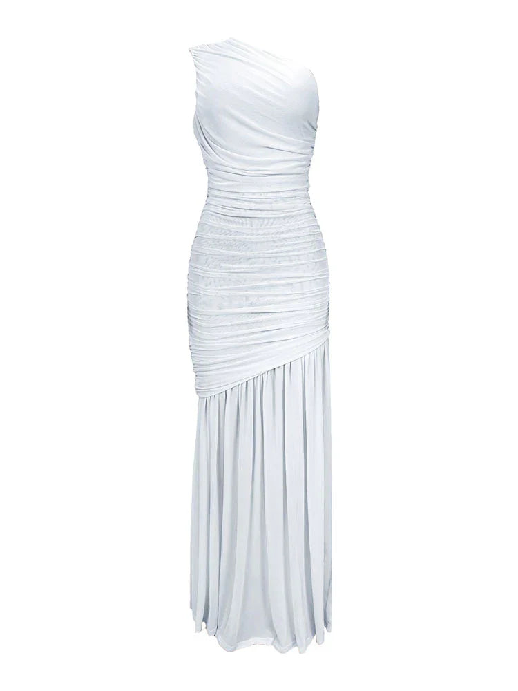 One Shoulder Mesh Ruched Dress