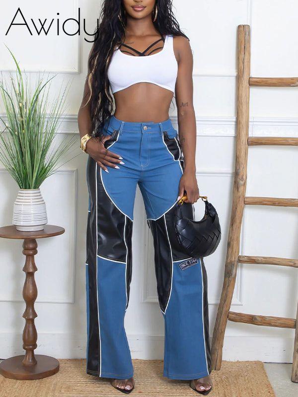 Faux-Leather Combo Jeans Medium Wash Blue