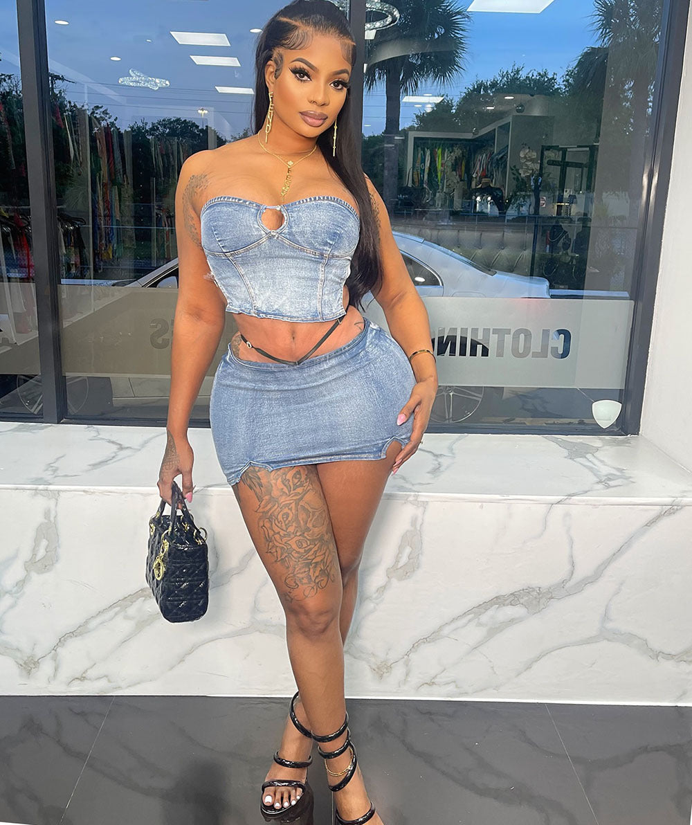 Strapless Denim Top & Slit Mini Skirt Set for Clubwear