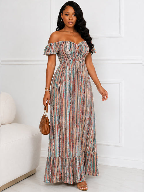 striped off the shoulder maxi dress Stripe Off-Shoulder – Awidy color:Slate Blue Lyocell Contrast Trim Patchwork inspired look that never BIN-020120-SA2