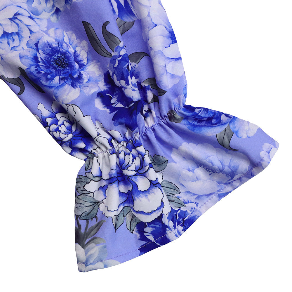 Casual Printed Long Sleeve Shirt Wide Leg Pants Sets