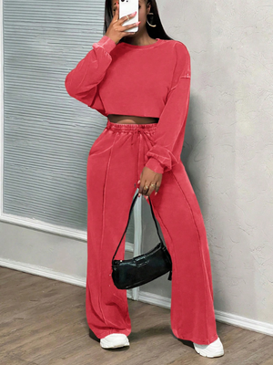 Wash Sweatshirt & Wide-Leg Pants Set