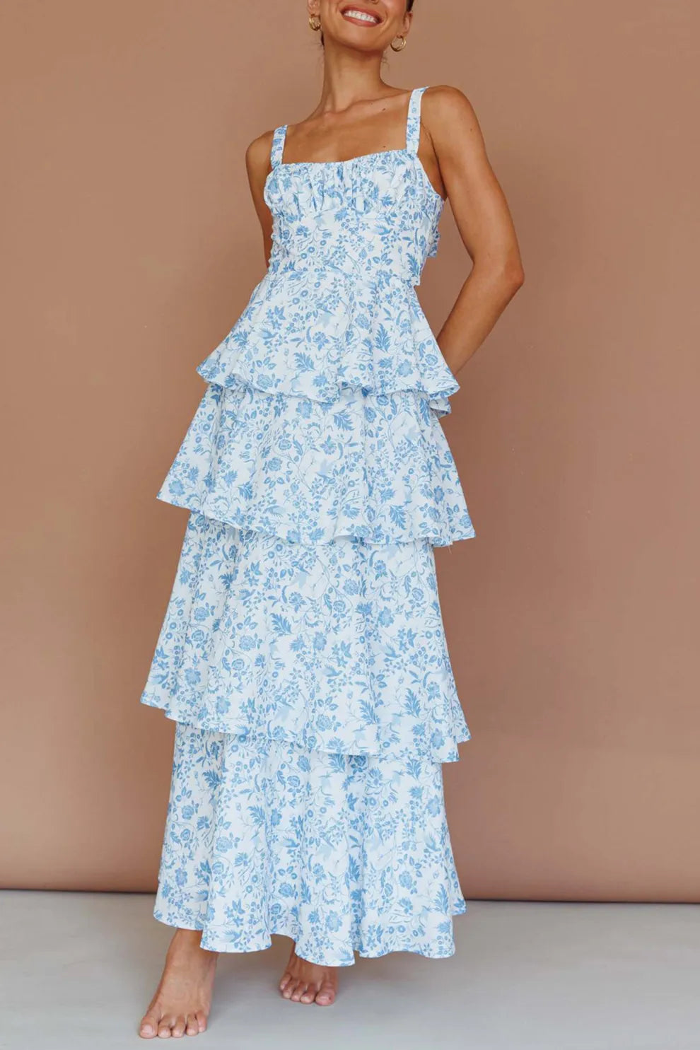 Floral Print Tie up Tiered Midi Dress