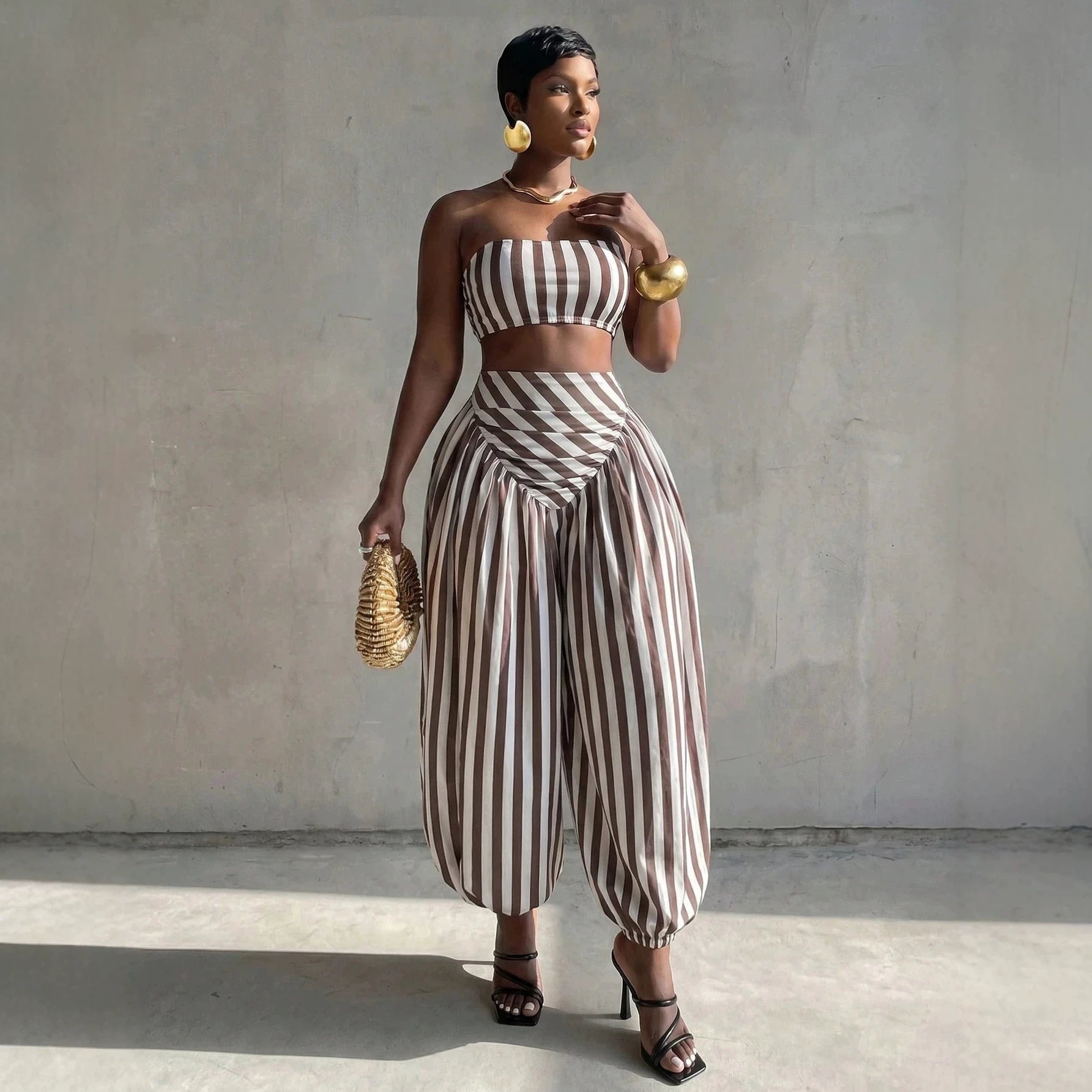 Red & White Striped Crop Top & Lantern Pants Two-Piece Set