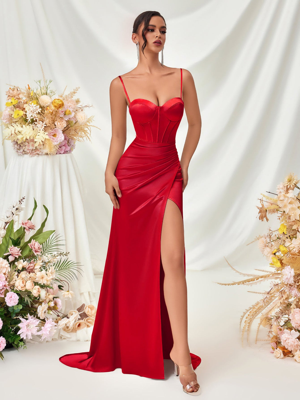 Strapless Slit Spaghetti Strap Maxi Dress for Evening Parties