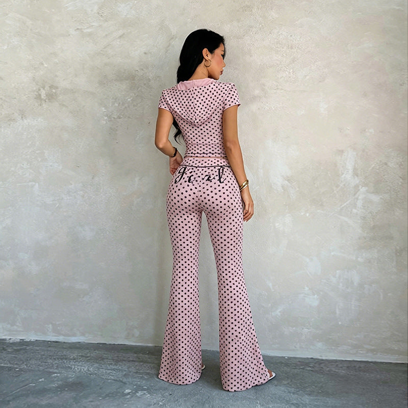 Polka Dot Short-Sleeve Zip-Up Pants Set for Summer Casual