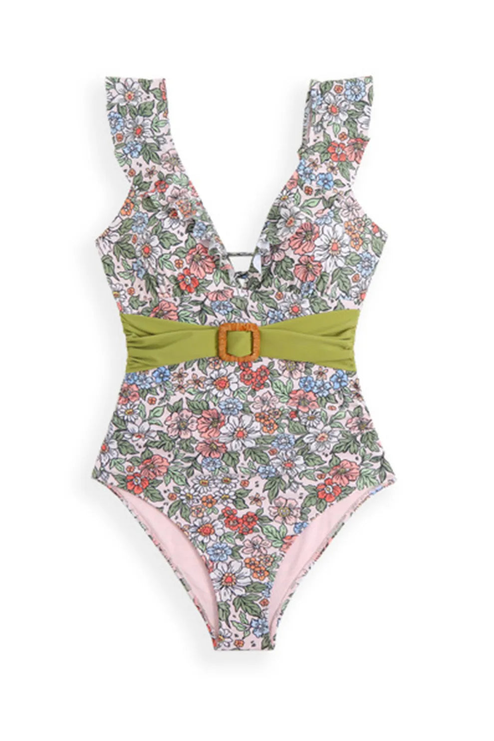 Back-Tie Ruffled Belted One-Piece Swimsuit