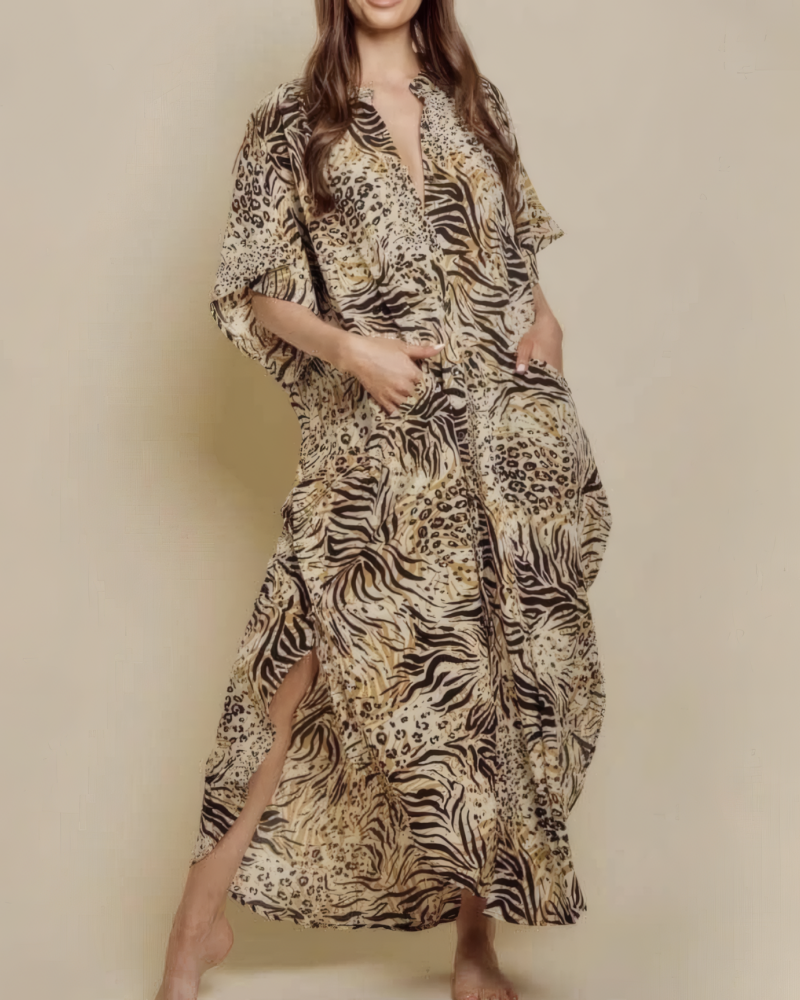 Leopard Print Batwing Sleeve Beach Coverup Dress