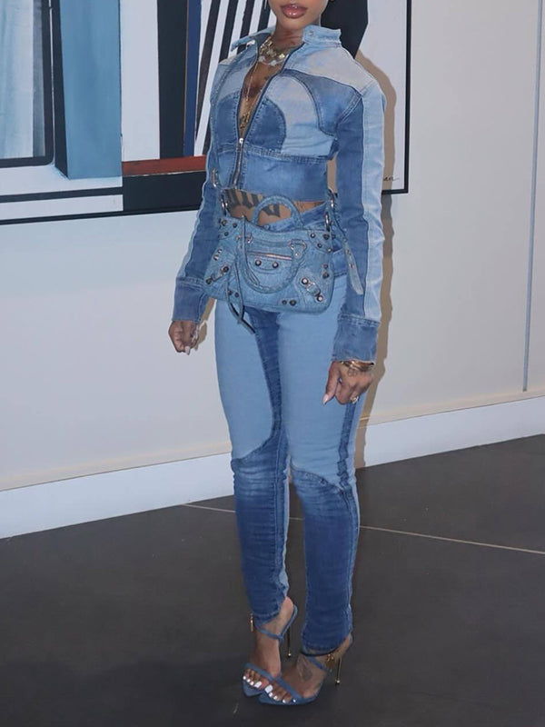 Contrast Denim Jacket & Pants Set