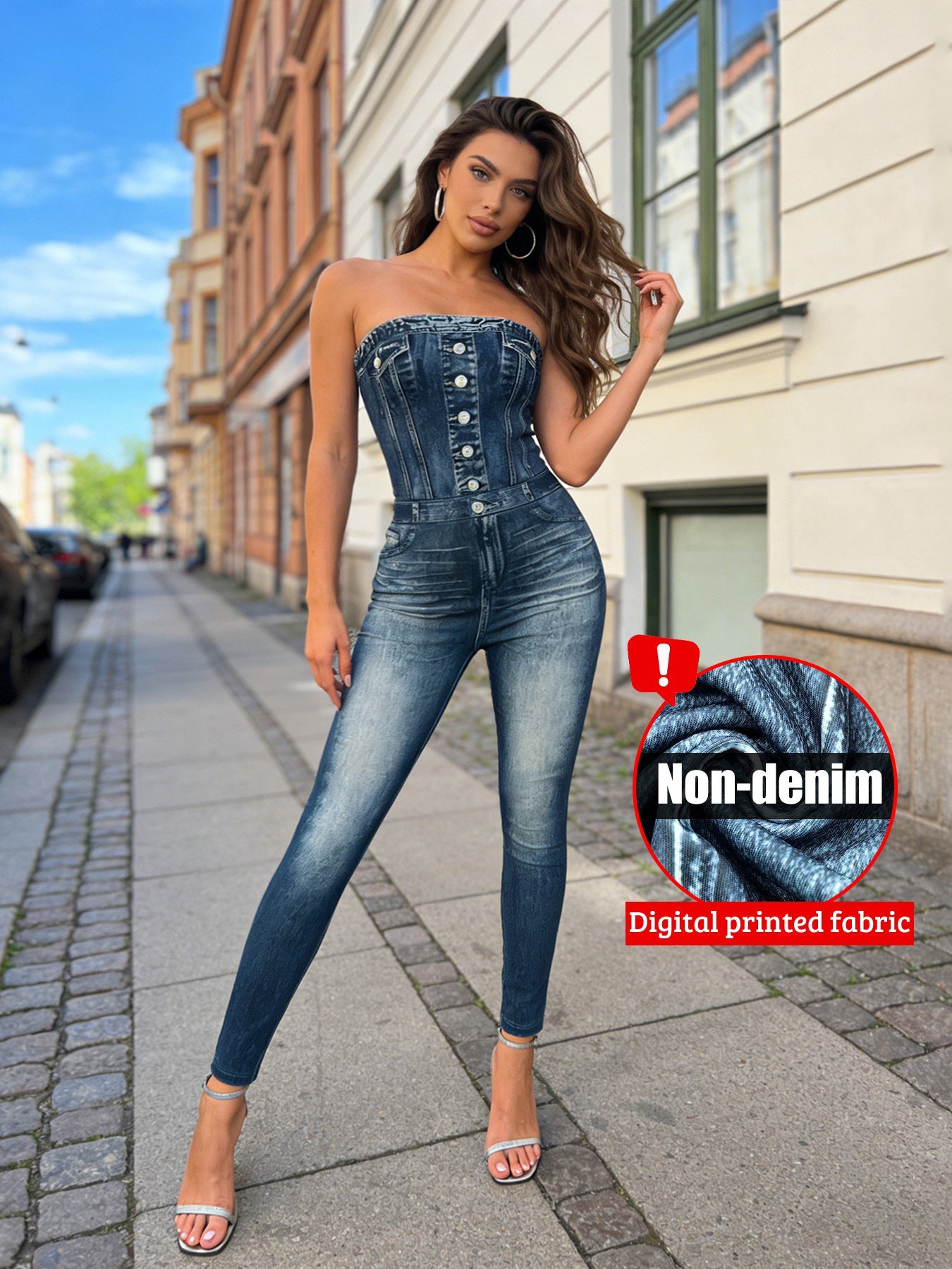 Denim Pattern Printed Slim Stretch Overall Jumpsuit for Spring & Summer Casual