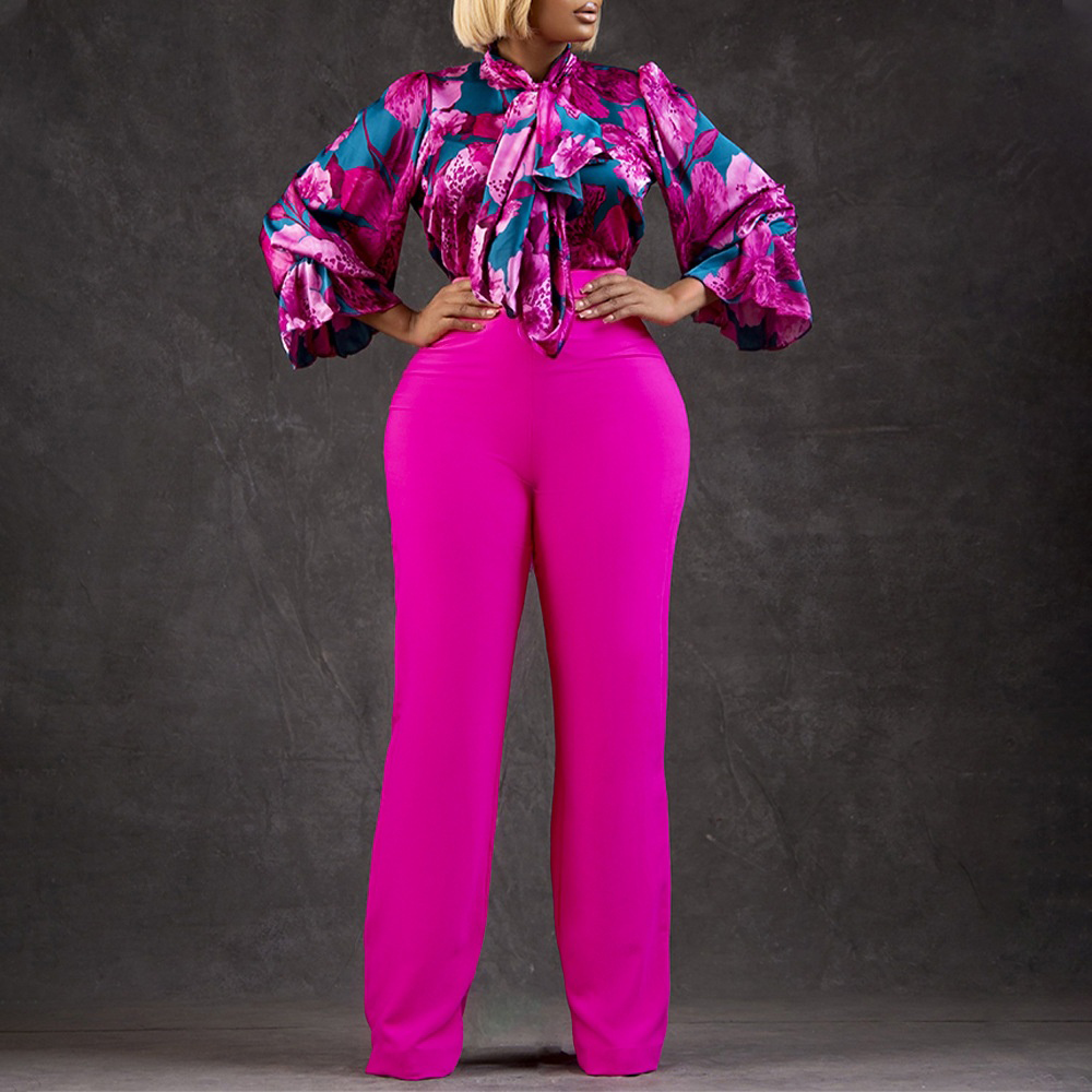 Casual Printed Long Sleeve Shirt Wide Leg Pants Sets