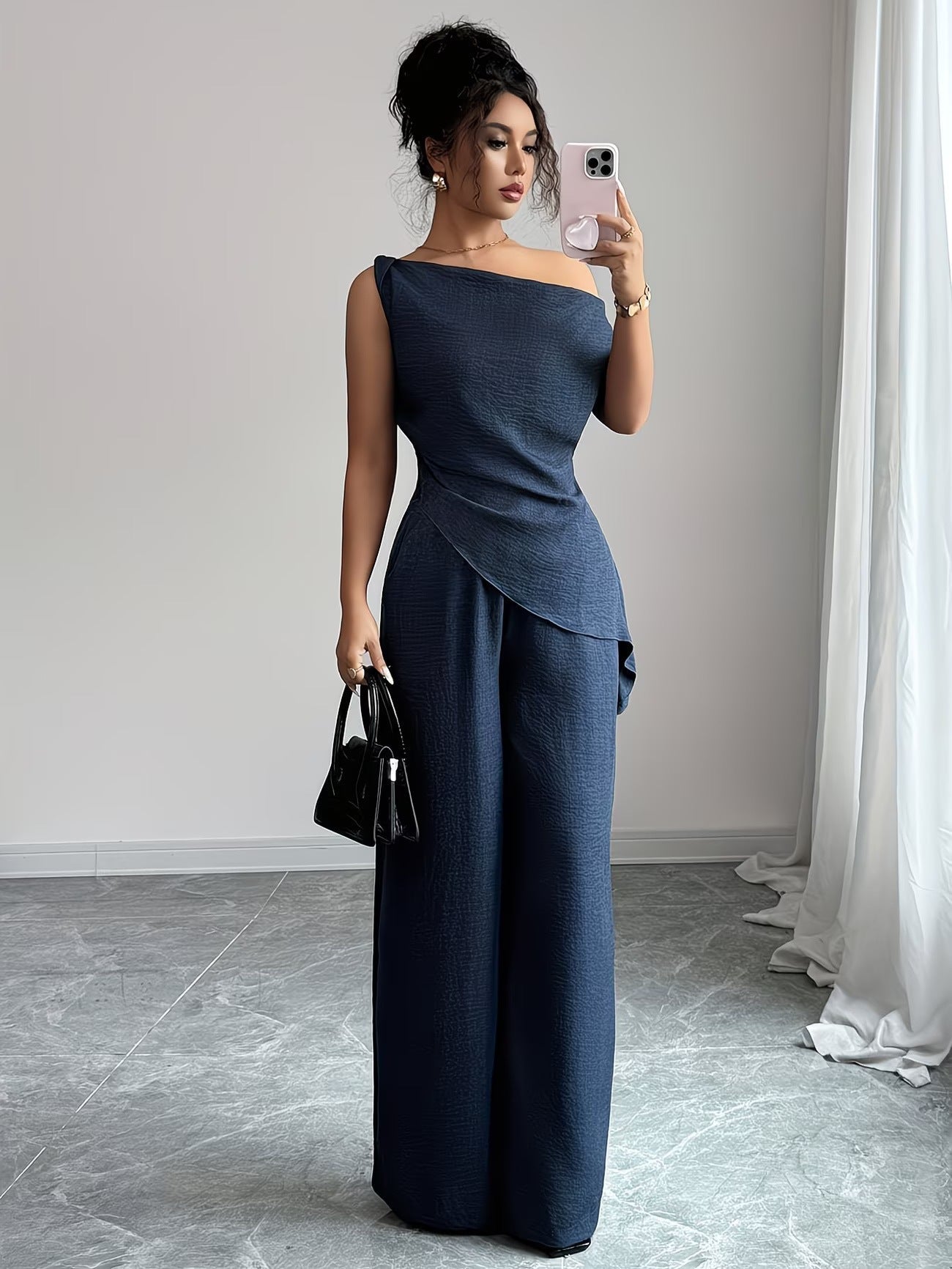 Slash Shoulder Top & Pocket Zip-Up Pants Two-Piece Set for Career Wear