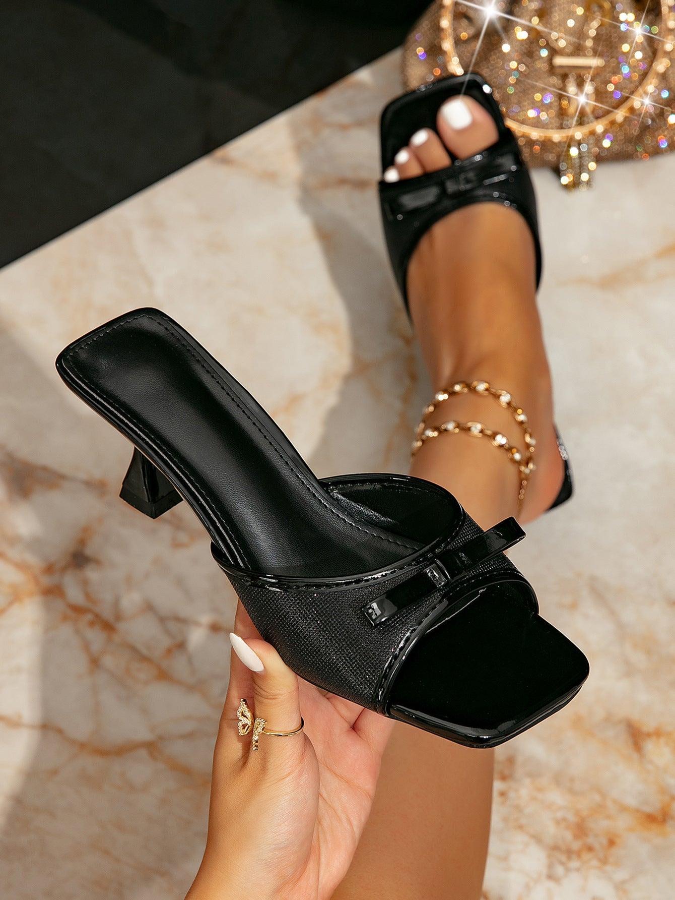 Square-Toe Stiletto-Heel Sandals