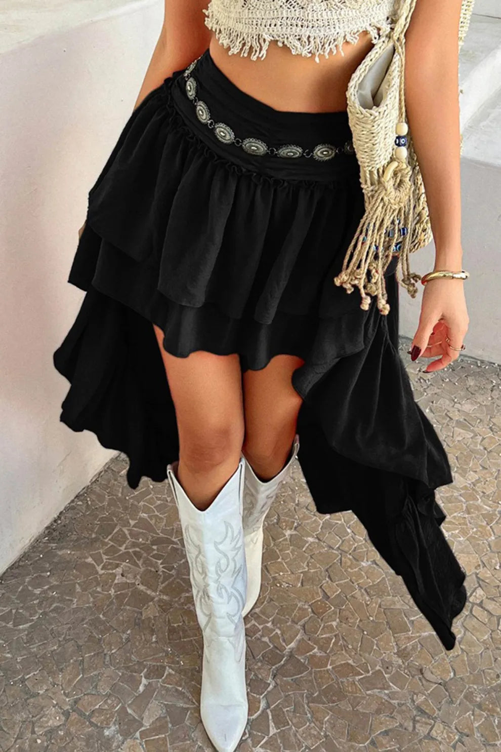 Solid Color High Rise High-low Tiered Skirt